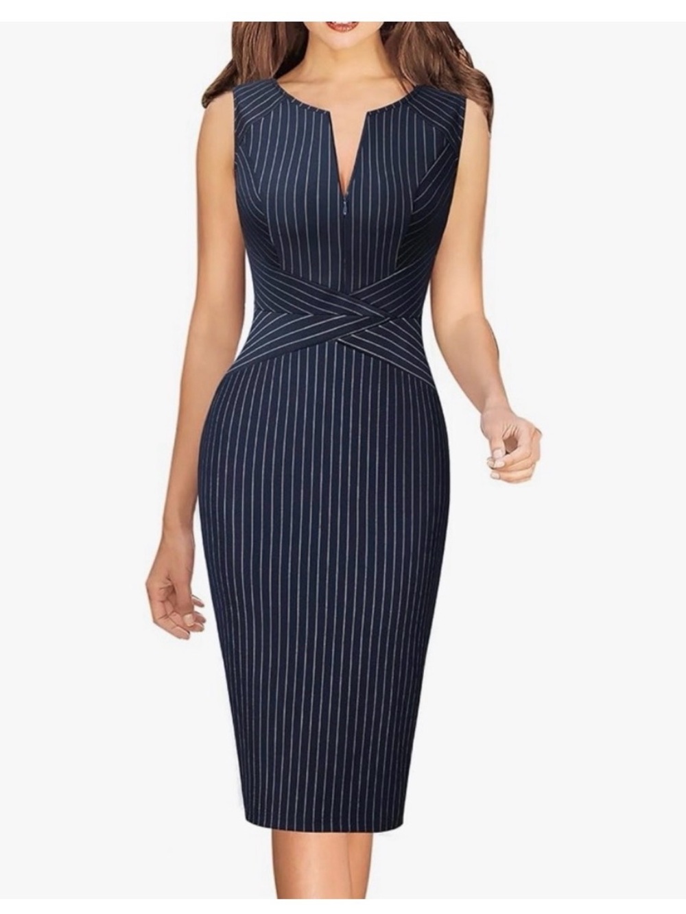 Vfshow Sophisticated Navy Pinstripe Midi Dress Size Small